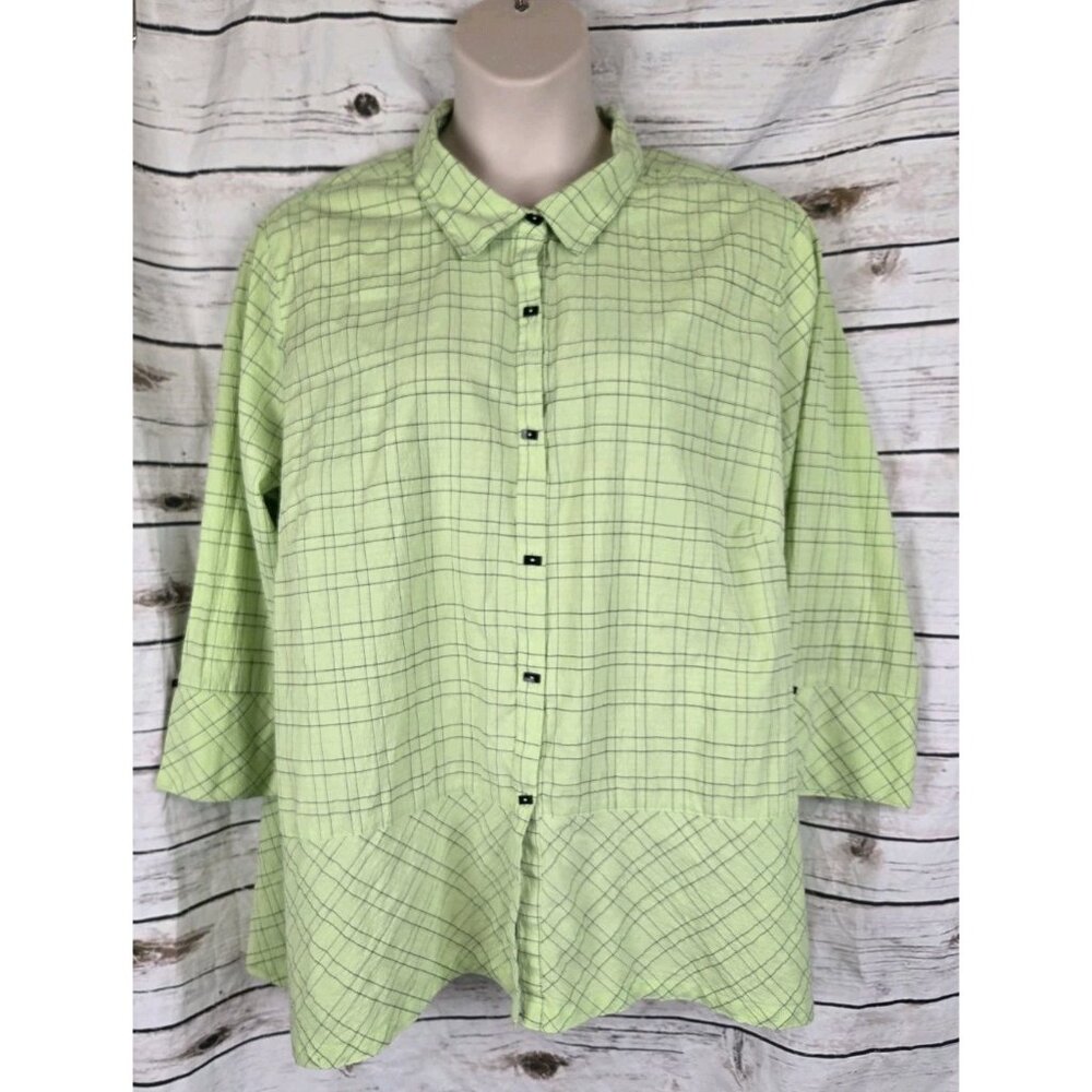 Ali Miles Chartreuse Print Top 3X Womens Tunic Button Lagenlook Cotton Rayon